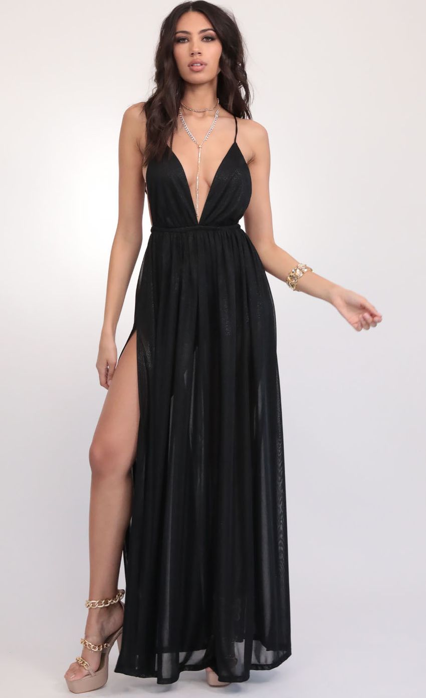 Picture Skylar Love Ties Maxi Dress in Black Shimmer. Source: https://media-img.lucyinthesky.com/data/Feb20_2/850xAUTO/781A0717.JPG
