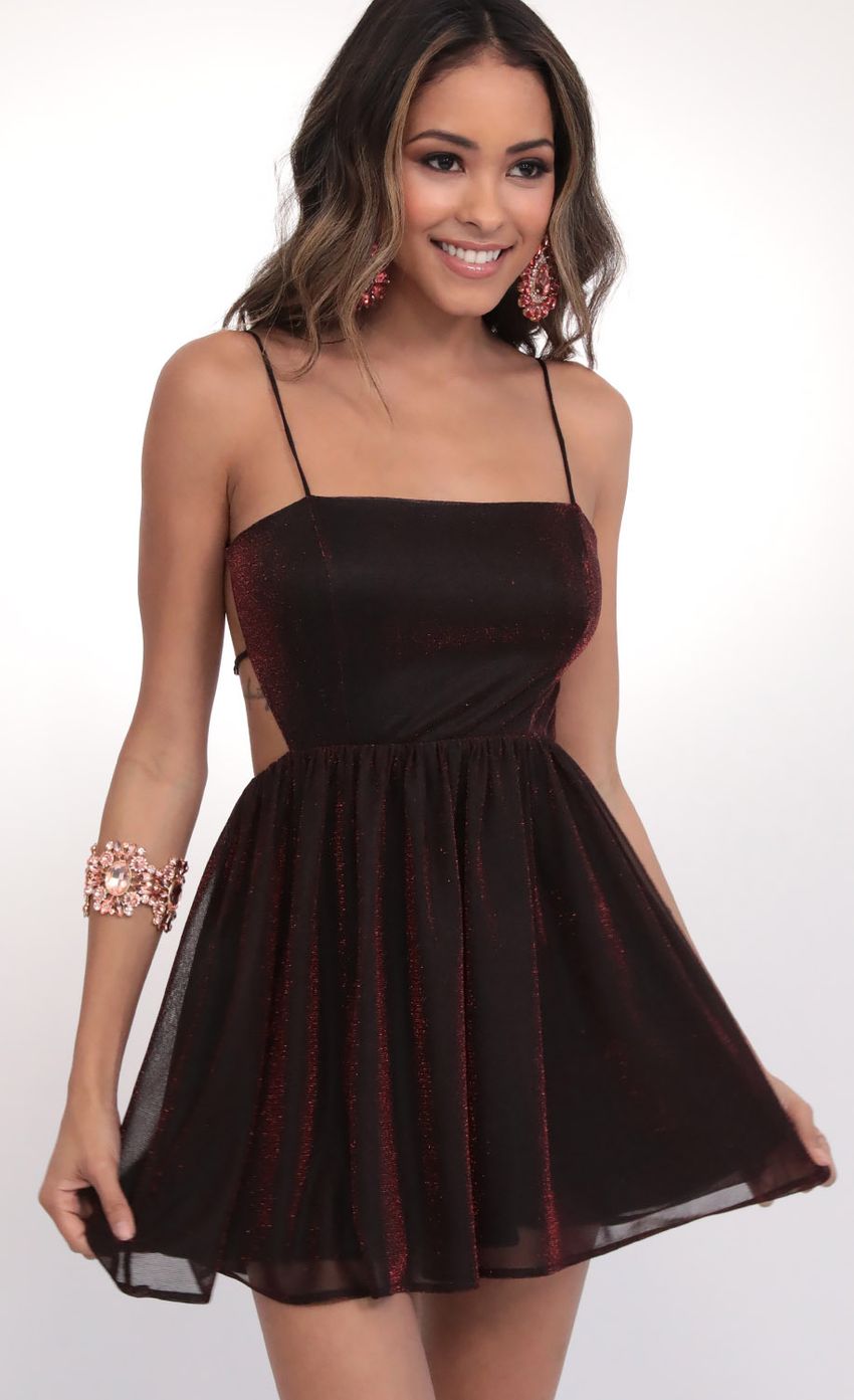 Picture Jalissa Shimmer A-line Dress in Deep Red. Source: https://media-img.lucyinthesky.com/data/Feb20_2/850xAUTO/781A1259.JPG