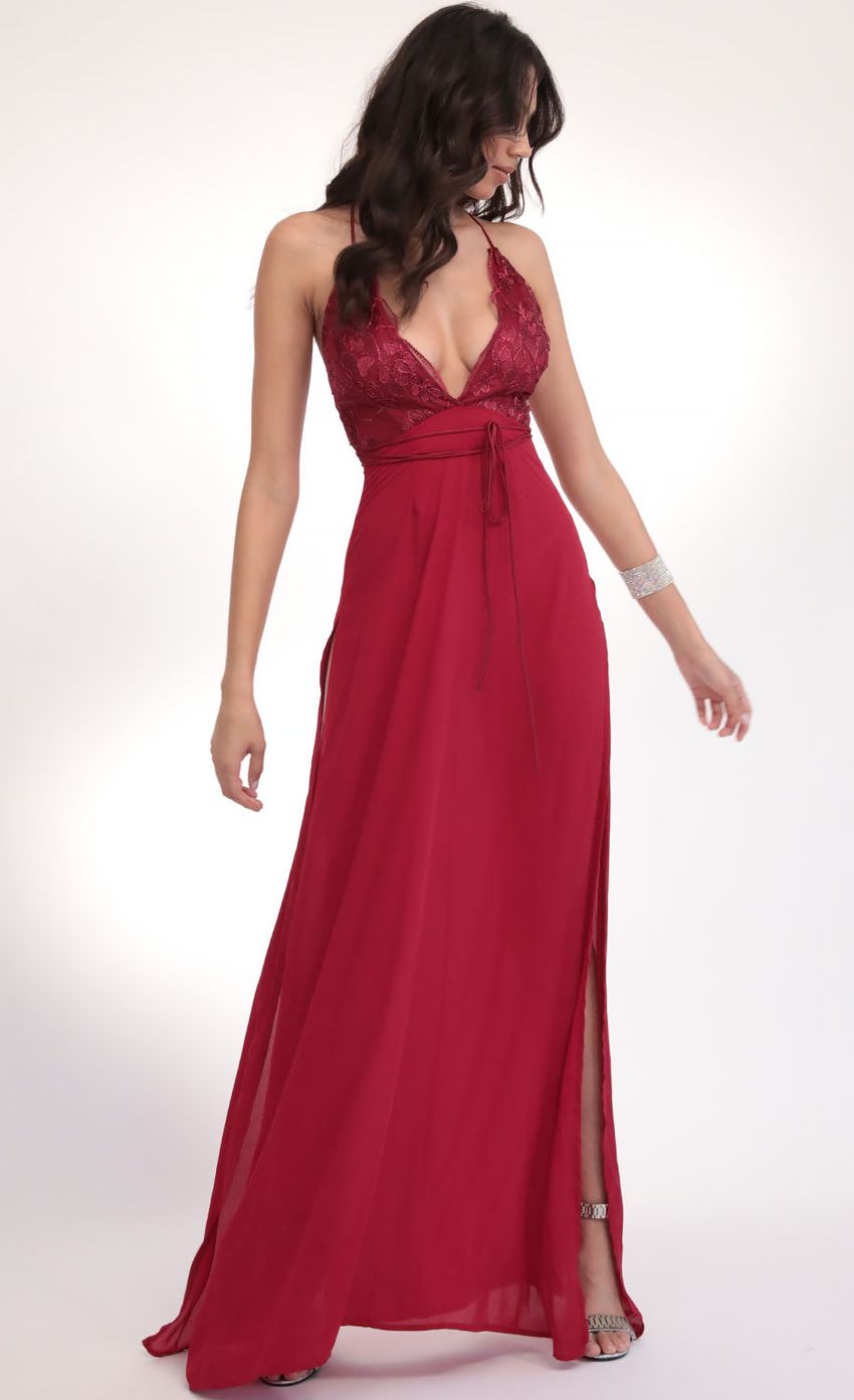 Picture Floral Lace Plunge Maxi in Merlot. Source: https://media-img.lucyinthesky.com/data/Feb20_2/850xAUTO/781A4644.JPG