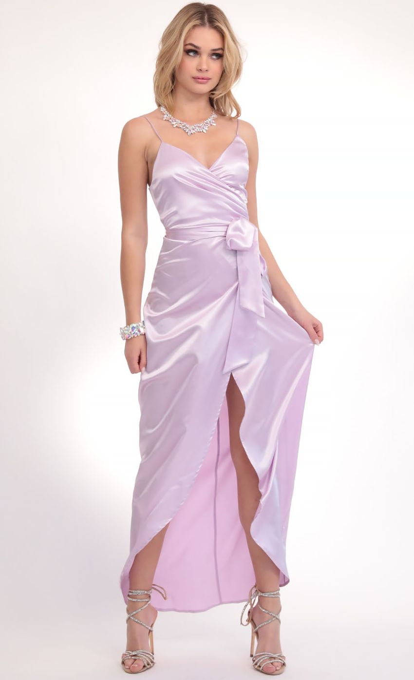 Picture Joelle Pleated Satin Maxi Dress in Lilac. Source: https://media-img.lucyinthesky.com/data/Feb20_2/850xAUTO/781A4994.JPG