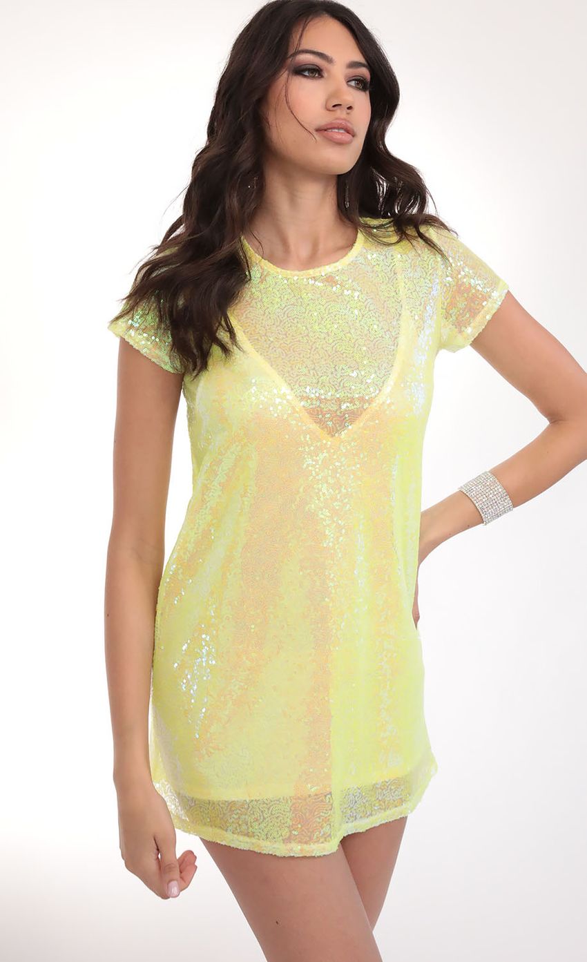 Picture Party Sequin Shift Dress in Yellow Iridescence. Source: https://media-img.lucyinthesky.com/data/Feb20_2/850xAUTO/781A5218.JPG