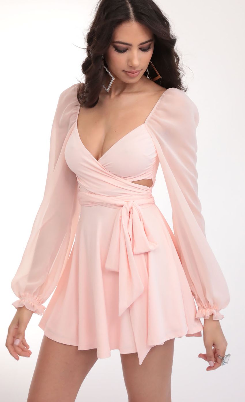 Picture Puff Chiffon Wrap Dress in Blush. Source: https://media-img.lucyinthesky.com/data/Feb20_2/850xAUTO/781A6204.JPG