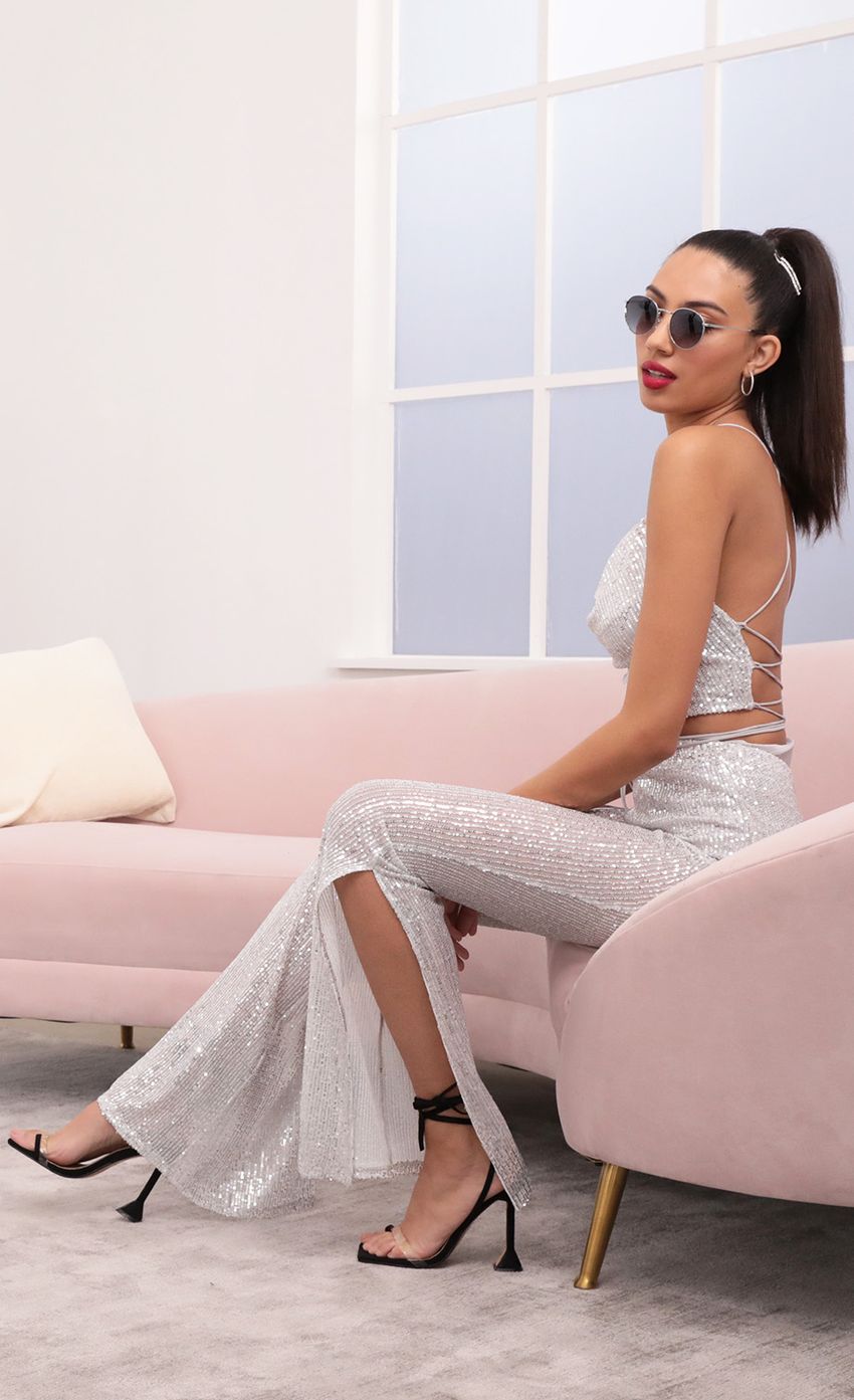 Picture Two Piece Set in Sheer Mesh With Silver Sequins. Source: https://media-img.lucyinthesky.com/data/Feb21_1/850xAUTO/1V9A1458_COPY.JPG