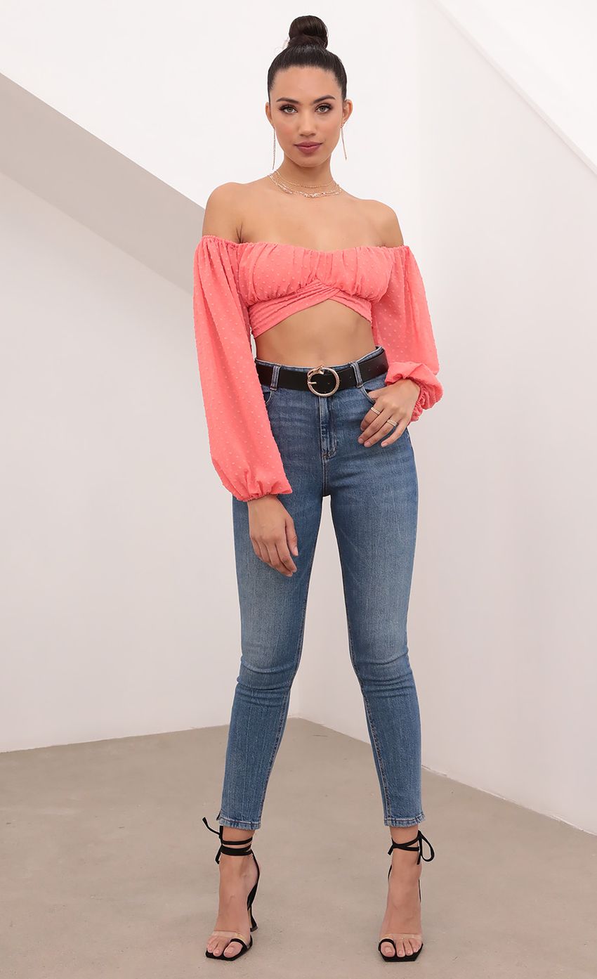 Picture Sadie Off The Shoulder Top in Dotted Coral. Source: https://media-img.lucyinthesky.com/data/Feb21_1/850xAUTO/1V9A5511.JPG
