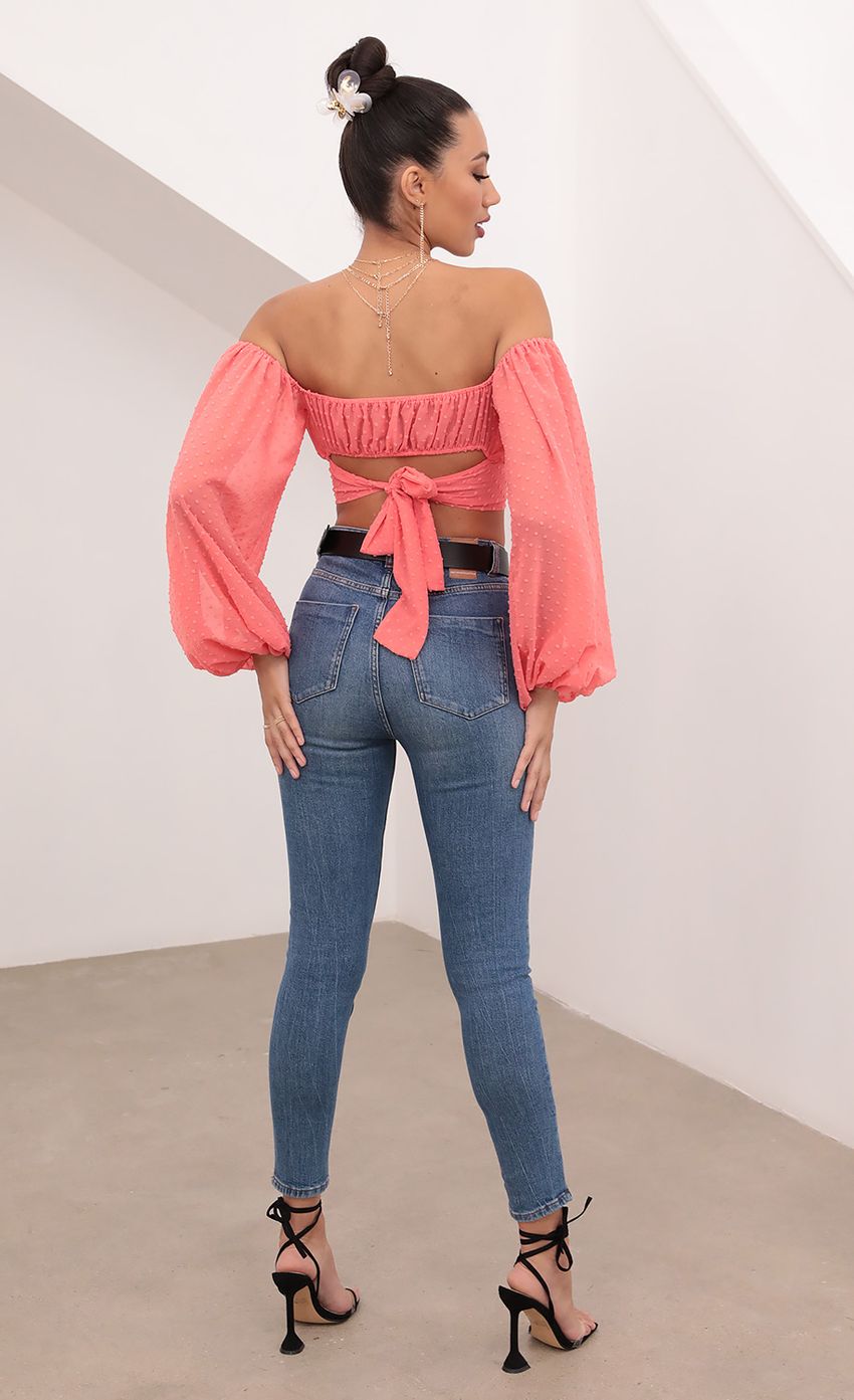 Picture Sadie Off The Shoulder Top in Dotted Coral. Source: https://media-img.lucyinthesky.com/data/Feb21_1/850xAUTO/1V9A5638.JPG