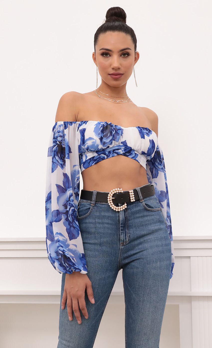 Picture Sadie Off The Shoulder Top in Blue And White Floral. Source: https://media-img.lucyinthesky.com/data/Feb21_1/850xAUTO/1V9A5755.JPG