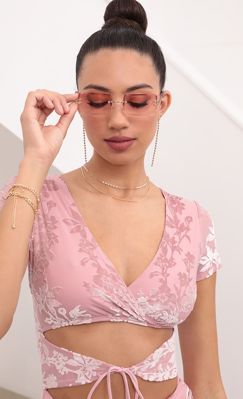 Picture Tie Cutout Ruffle And Ruched Dress in Pink. Source: https://media-img.lucyinthesky.com/data/Feb21_1/850xAUTO/1V9A6666.JPG