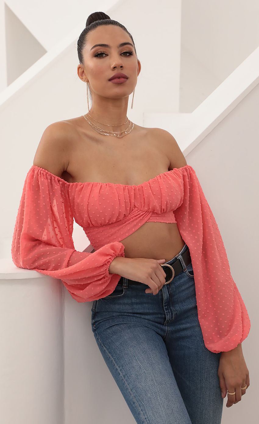 Picture Sadie Off The Shoulder Top in Dotted Coral. Source: https://media-img.lucyinthesky.com/data/Feb21_1/850xAUTO/AT2A6497.JPG
