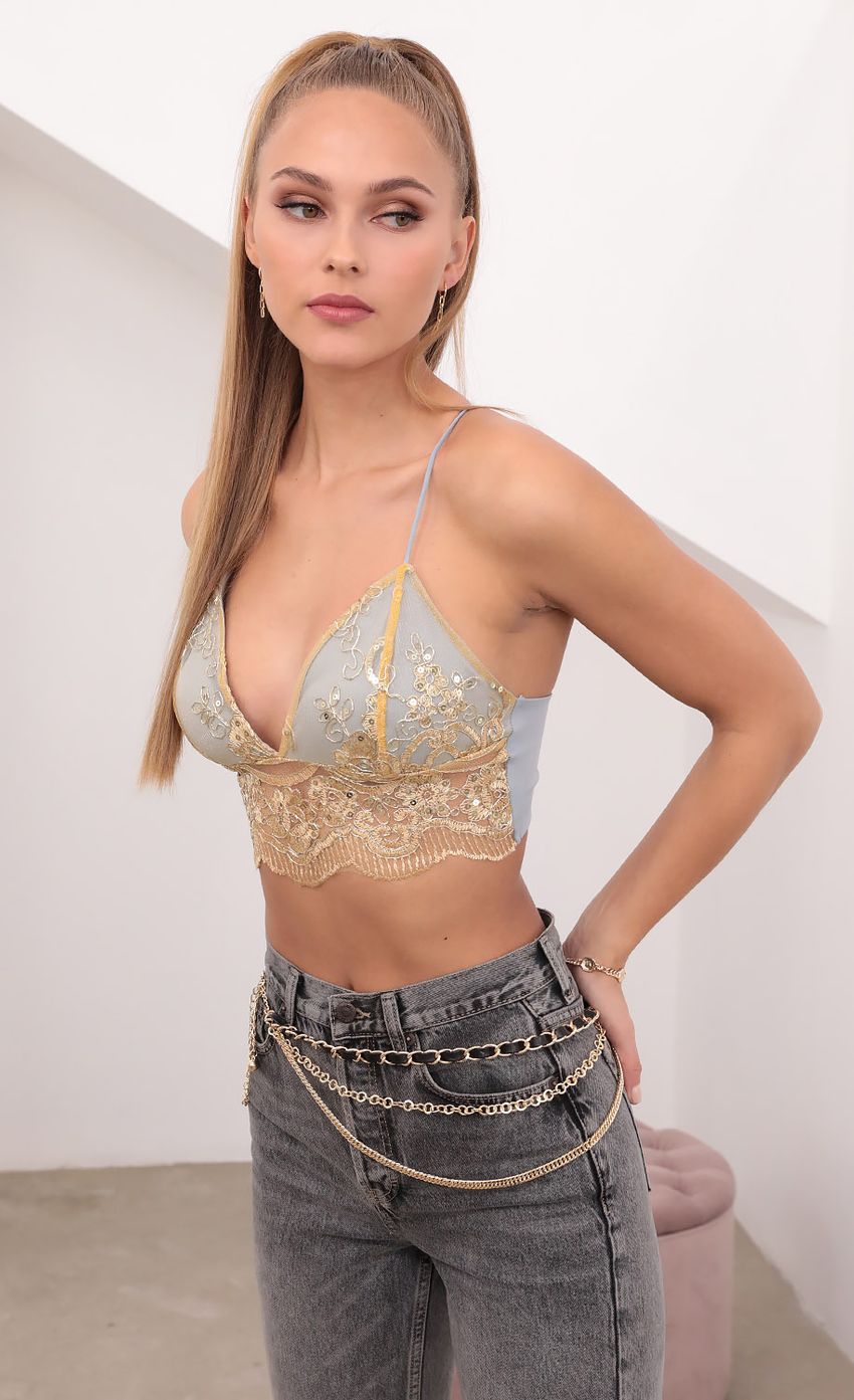 Picture Haven Lace Crop Top in Dusty Blue and Gold. Source: https://media-img.lucyinthesky.com/data/Feb21_2/850xAUTO/1V9A0667.JPG