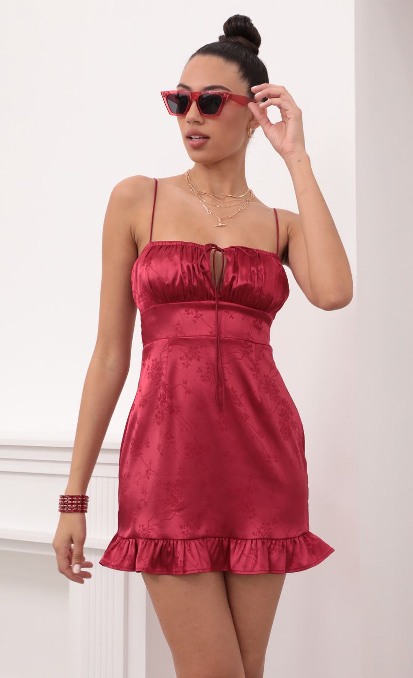 Picture Kai Satin Floral Dress in Red. Source: https://media-img.lucyinthesky.com/data/Feb21_2/850xAUTO/1V9A2990.JPG