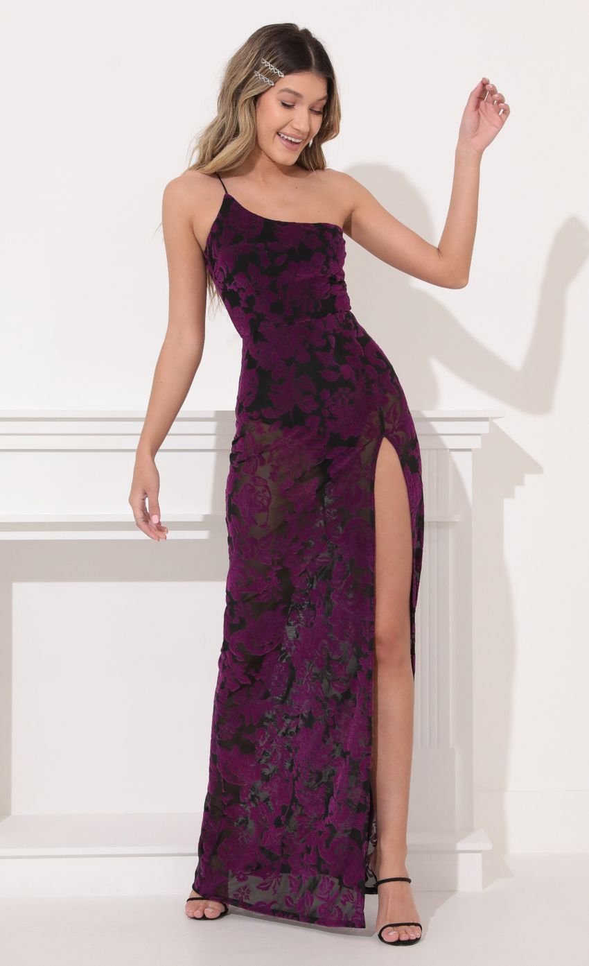 Picture One Shoulder Velvet Maxi in Purple. Source: https://media-img.lucyinthesky.com/data/Feb22_1/850xAUTO/1V9A2538.JPG