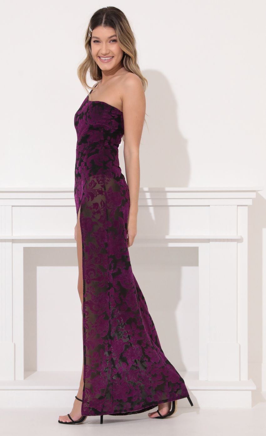 Picture One Shoulder Velvet Maxi in Purple. Source: https://media-img.lucyinthesky.com/data/Feb22_1/850xAUTO/1V9A2606.JPG