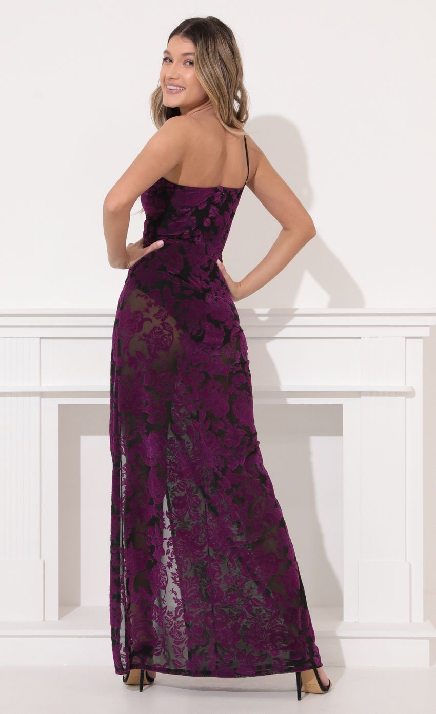 Picture One Shoulder Velvet Maxi in Purple. Source: https://media-img.lucyinthesky.com/data/Feb22_1/850xAUTO/1V9A2657.JPG