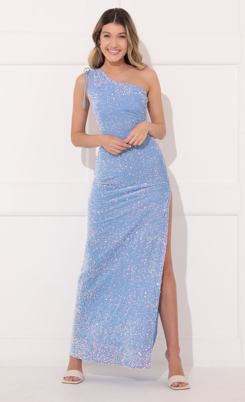 Picture One Shoulder Sequin Maxi Dress In Baby Blue. Source: https://media-img.lucyinthesky.com/data/Feb22_1/850xAUTO/1V9A3958.JPG