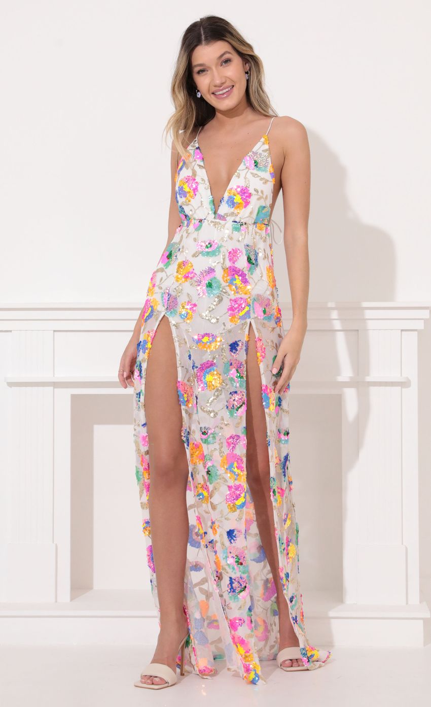 Picture Sequin Maxi Dress in White Multicolor. Source: https://media-img.lucyinthesky.com/data/Feb22_1/850xAUTO/1V9A5873.JPG