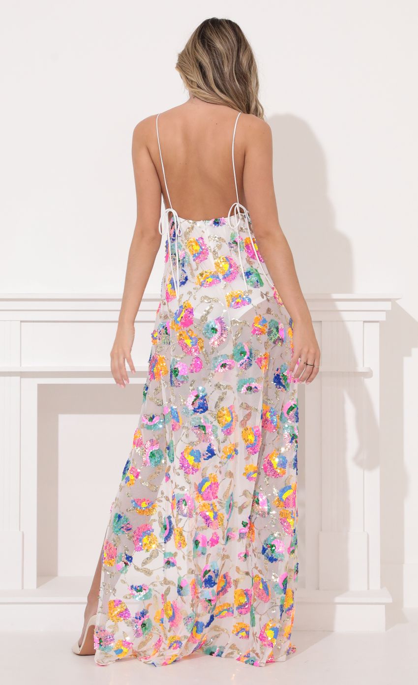 Picture Sequin Maxi Dress in White Multicolor. Source: https://media-img.lucyinthesky.com/data/Feb22_1/850xAUTO/1V9A6006.JPG