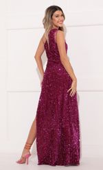 Picture One Shoulder Sequin Maxi Dress in Dark Pink. Source: https://media-img.lucyinthesky.com/data/Feb22_2/150xAUTO/1V9A2288.JPG