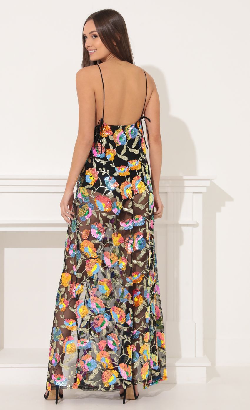 Picture Sequin Maxi Dress in Black Multicolor. Source: https://media-img.lucyinthesky.com/data/Feb22_2/850xAUTO/1V9A7518.JPG