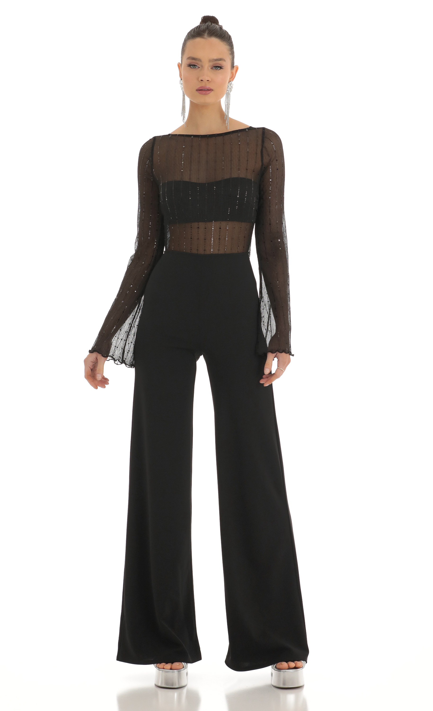 Sequin Striped Long Sleeve Jumpsuit in Black