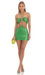 Picture Iridescent Sequin Halter Dress in Green. Source: https://media-img.lucyinthesky.com/data/Feb23/150xAUTO/21af59a5-eec3-4051-8d63-86f93d600f87.jpg