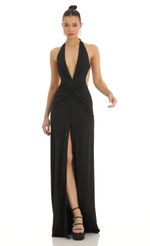 Picture Shimmer Front Slit Open Back Maxi Dress in Black. Source: https://media-img.lucyinthesky.com/data/Feb23/150xAUTO/5516796a-a420-4e62-9e6d-c1888578d695.jpg