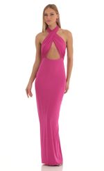 Picture Front Cross Halter Maxi Dress in Pink. Source: https://media-img.lucyinthesky.com/data/Feb23/150xAUTO/8aa98719-0bf1-4218-9761-c519b4c3b6e0.jpg