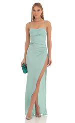 Picture Satin Draped High Slit Maxi Dress in Mint Green. Source: https://media-img.lucyinthesky.com/data/Feb23/150xAUTO/9cd11f12-0e4e-4056-a20c-c5b5d8b95ff6.jpg