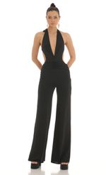 Picture Sequin Plunge Halter Jumpsuit in Black. Source: https://media-img.lucyinthesky.com/data/Feb23/150xAUTO/ddf20ae3-6f86-4aa2-8d9f-87e01aa157af.jpg