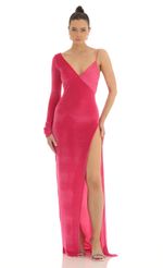 Picture Tomia Asymmetrical Velvet Maxi Dress in Pink. Source: https://media-img.lucyinthesky.com/data/Feb23/150xAUTO/e50f8d02-c957-4745-bcb4-375cfb3785c9.jpg