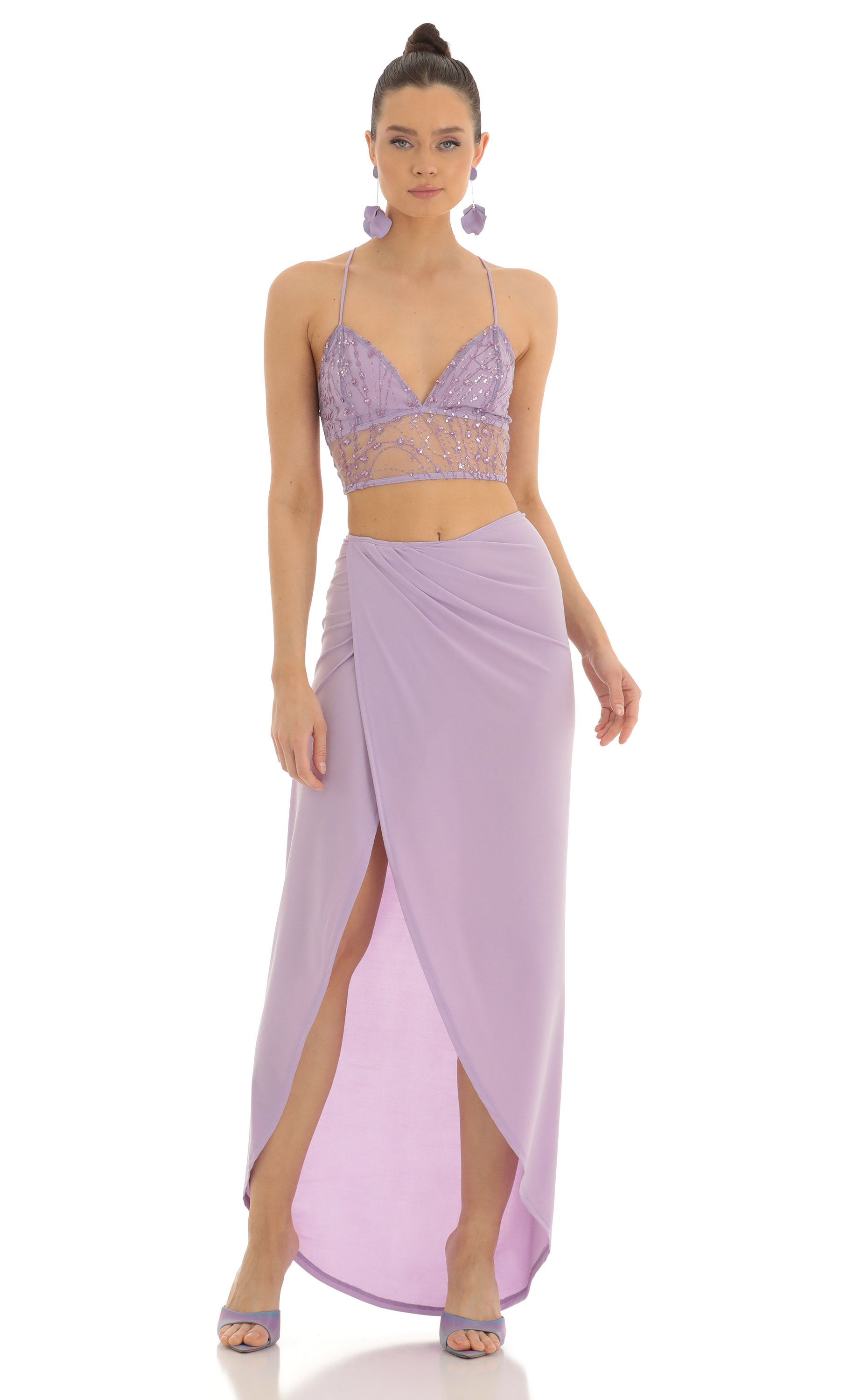 Sequin Two Piece Maxi Skirt Set in Purple
