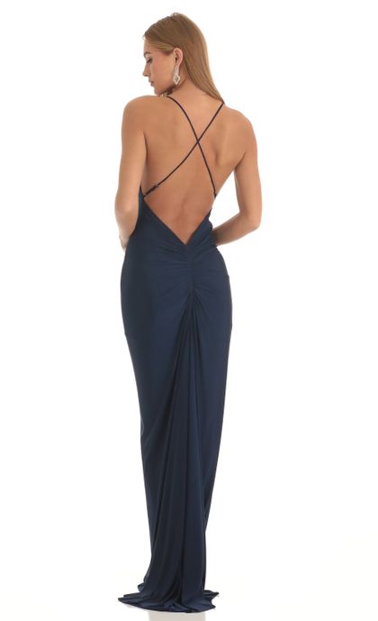 Gathered Cross Back Maxi Dress in Navy | LUCY IN THE SKY Gathered Cross Back Maxi Dress in Navy | LUCY IN THE SKY