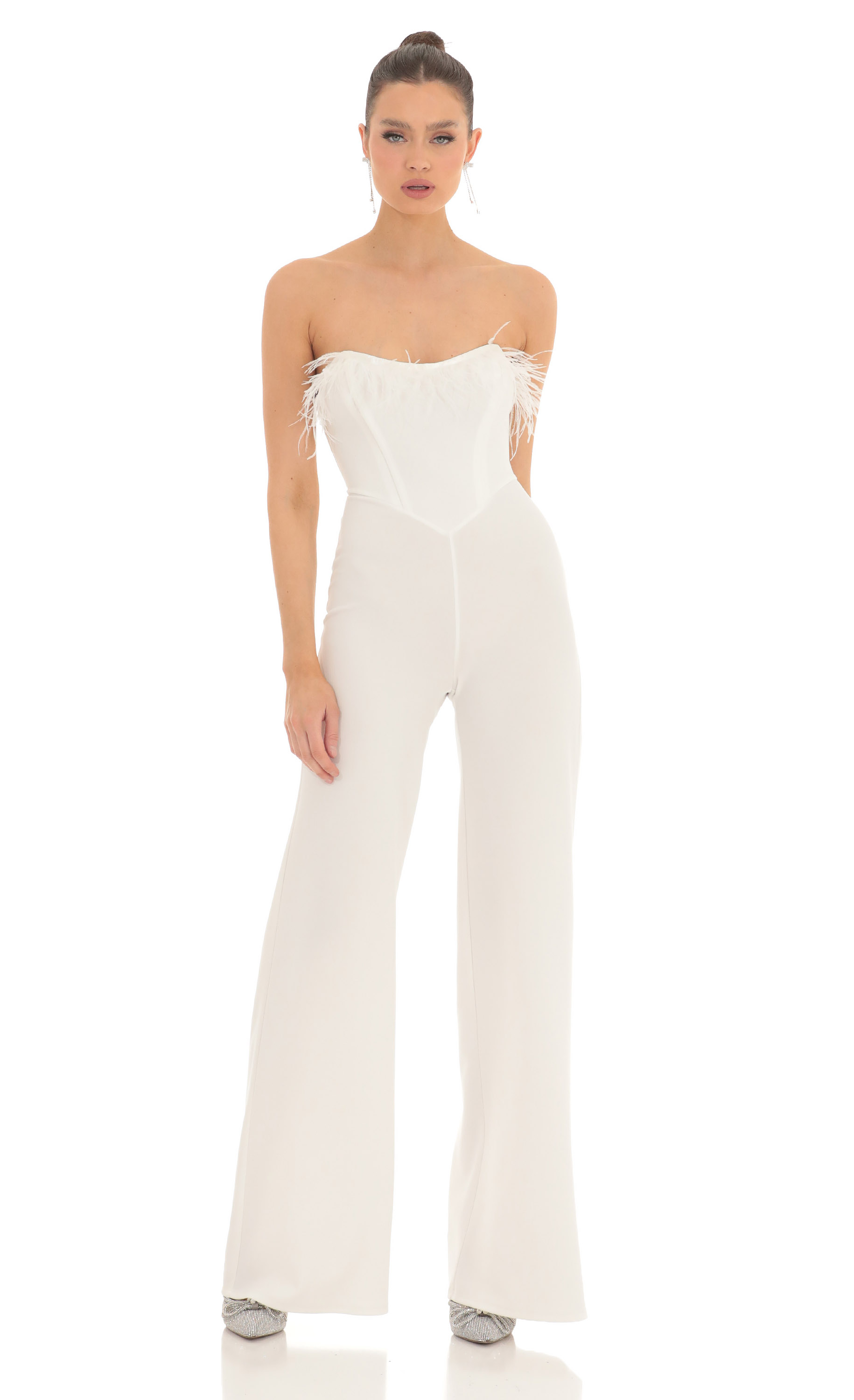 Femi Feather Strapless Corset Jumpsuit in White