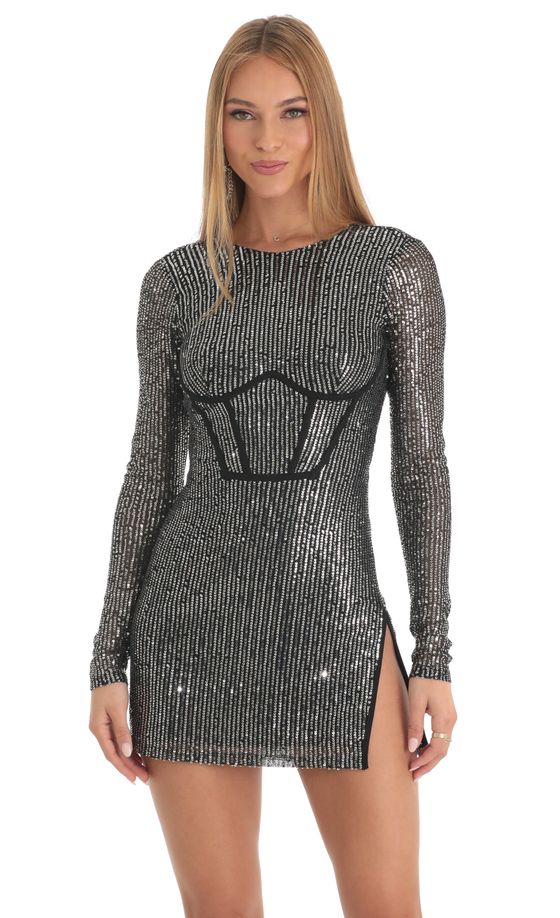 Sequins Crepe Corset Dress in Silver