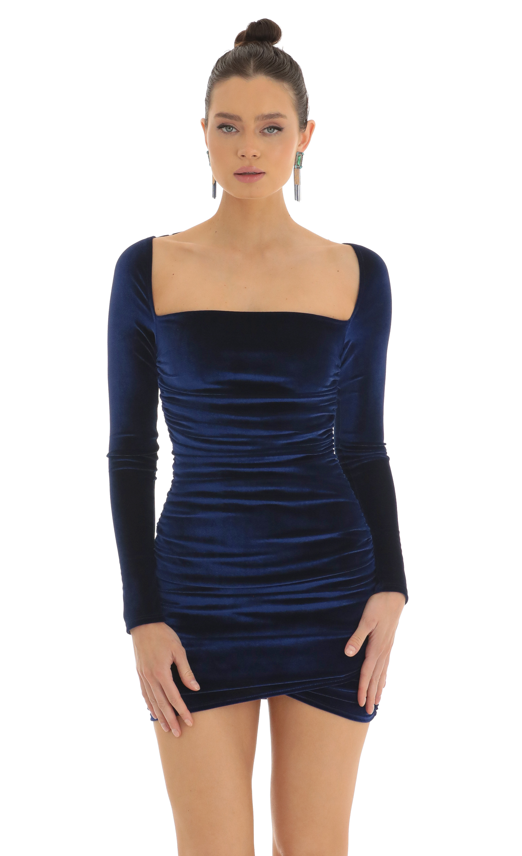 Velvet Long Sleeve Bodycon Dress in Blue