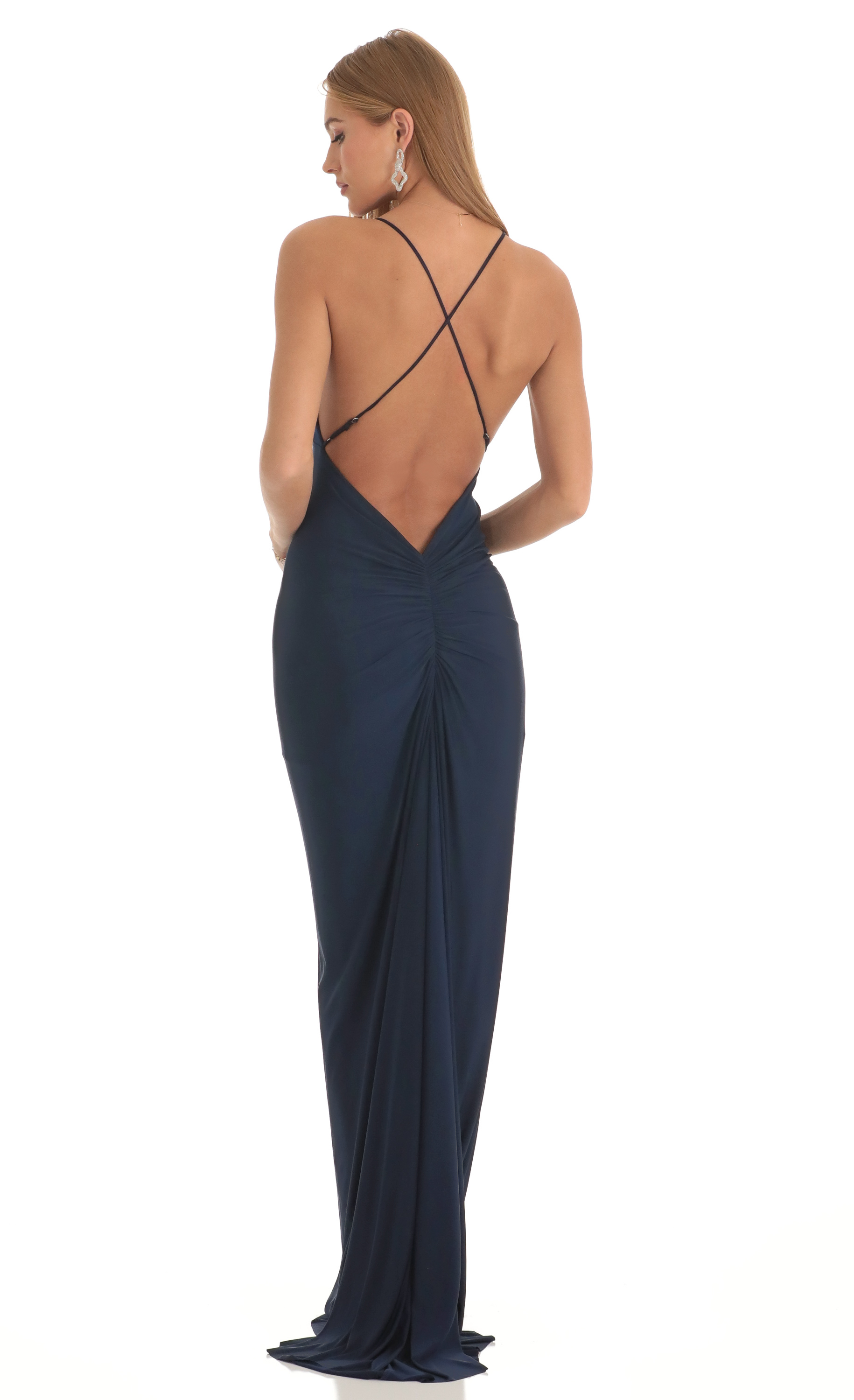 Gathered Cross Back Maxi Dress in Navy