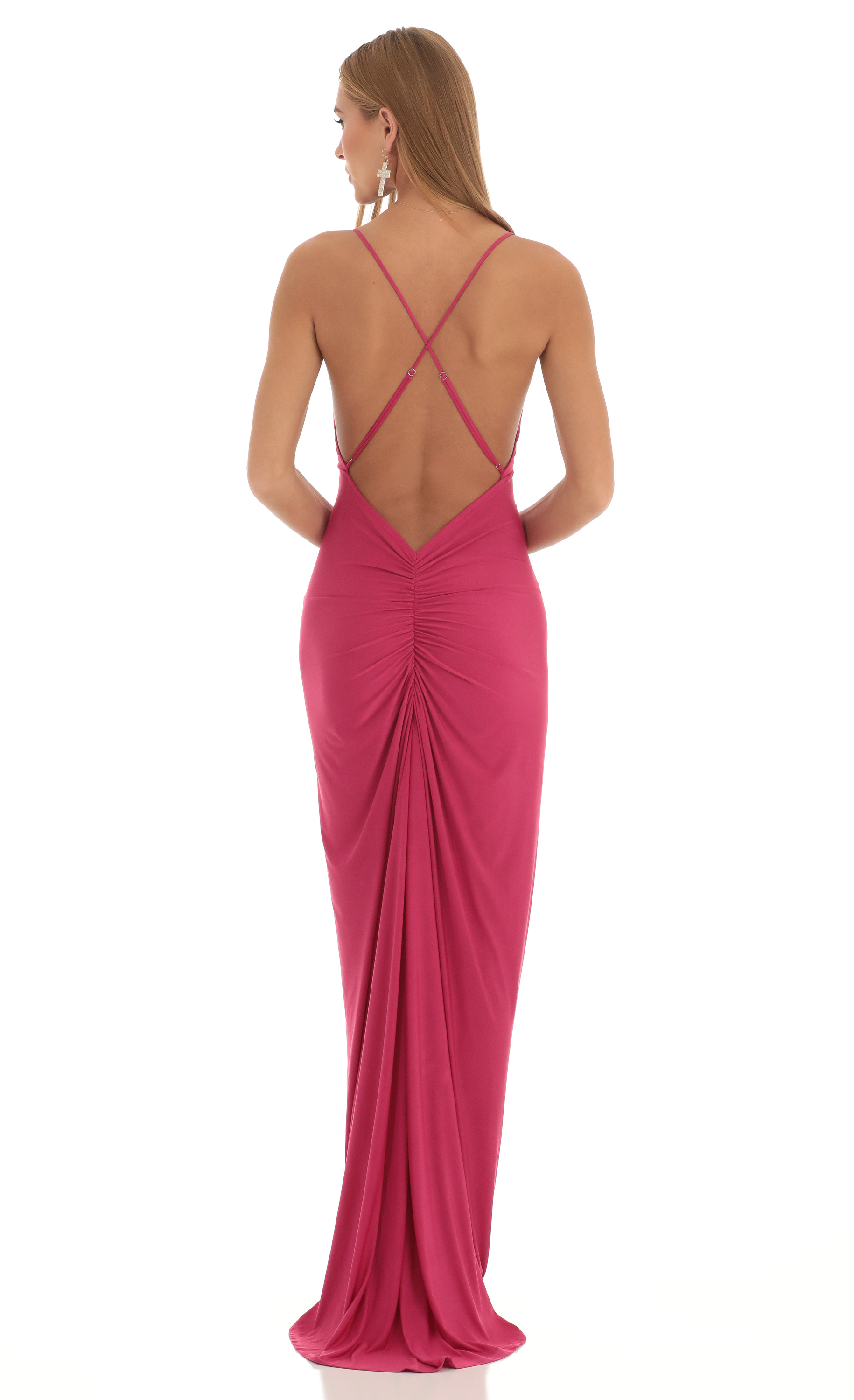Gathered Cross Back Maxi Dress in Hot Pink