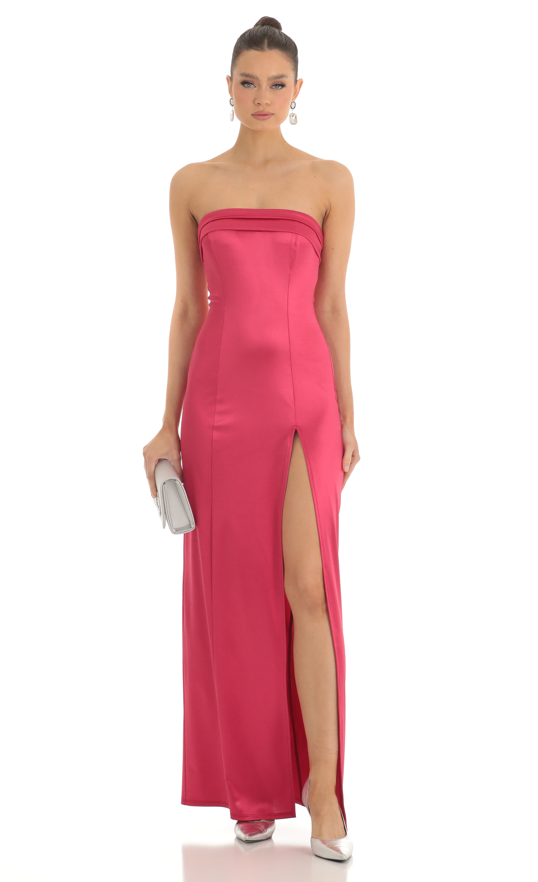 Satin Pleated Strapless Maxi Dress in Cherry