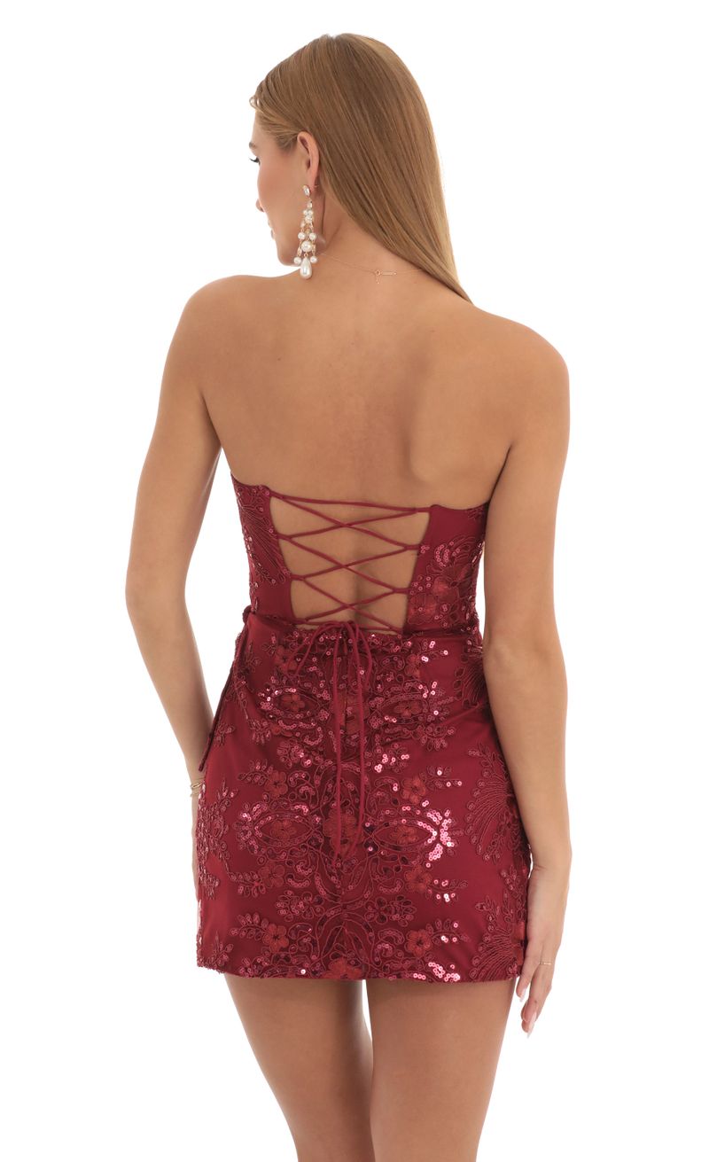 Garnet Shimmer Lace Strapless Wrap Dress in Maroon