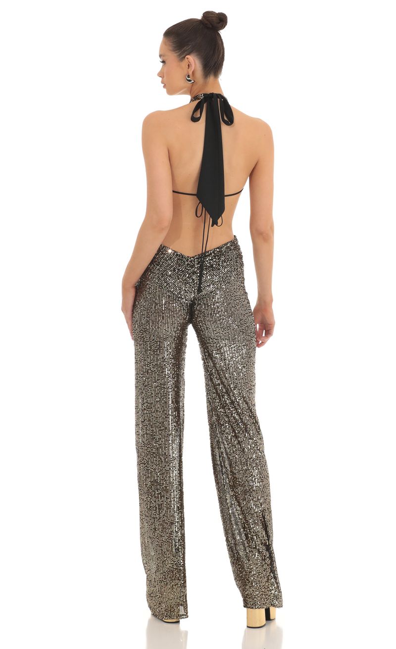 Saga Sequin Plunge Halter Jumpsuit in Gold