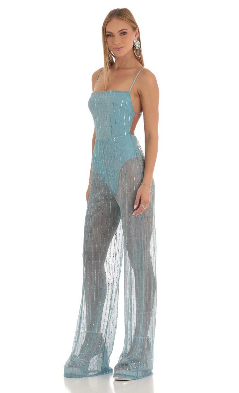 Ceres Sequin Sheer Wide Leg Jumpsuit in Sky Blue