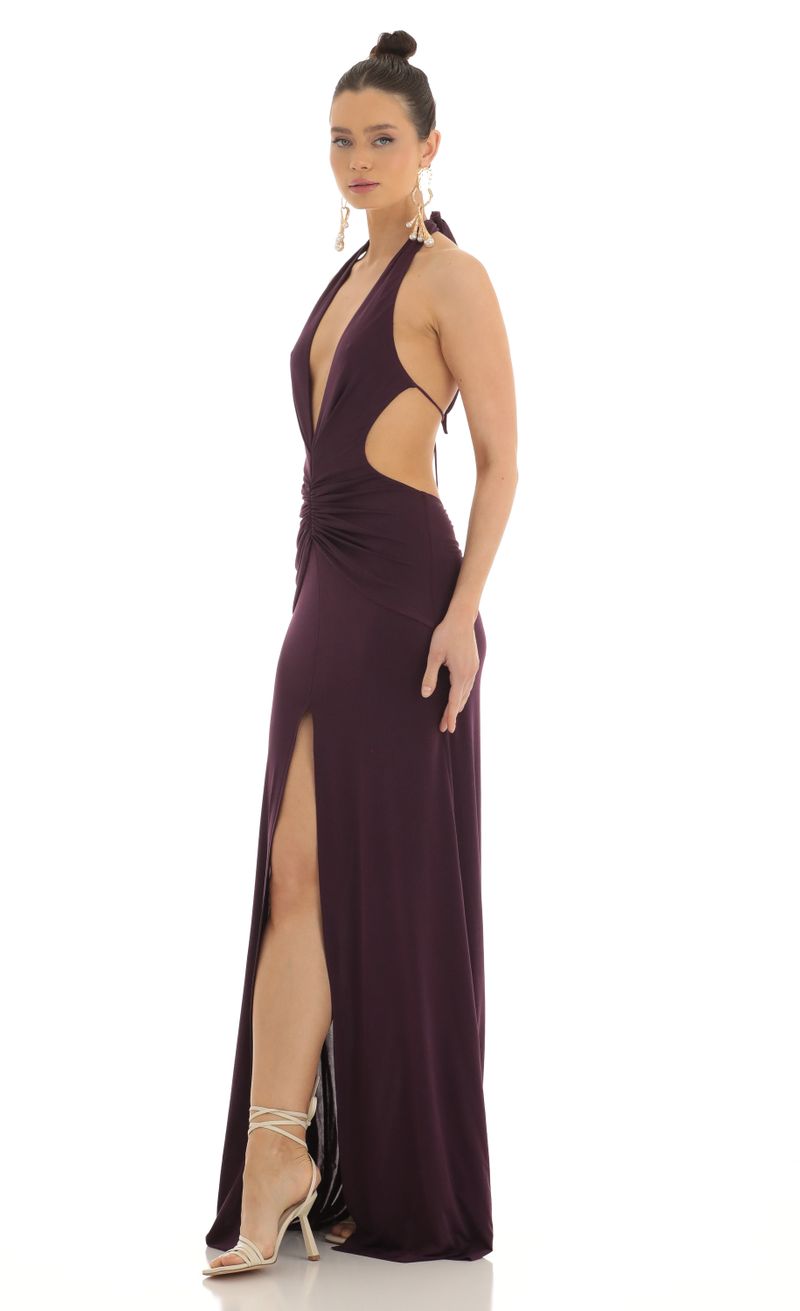 Nubia Front Slit Open Back Maxi Dress in Purple | LUCY IN THE SKY