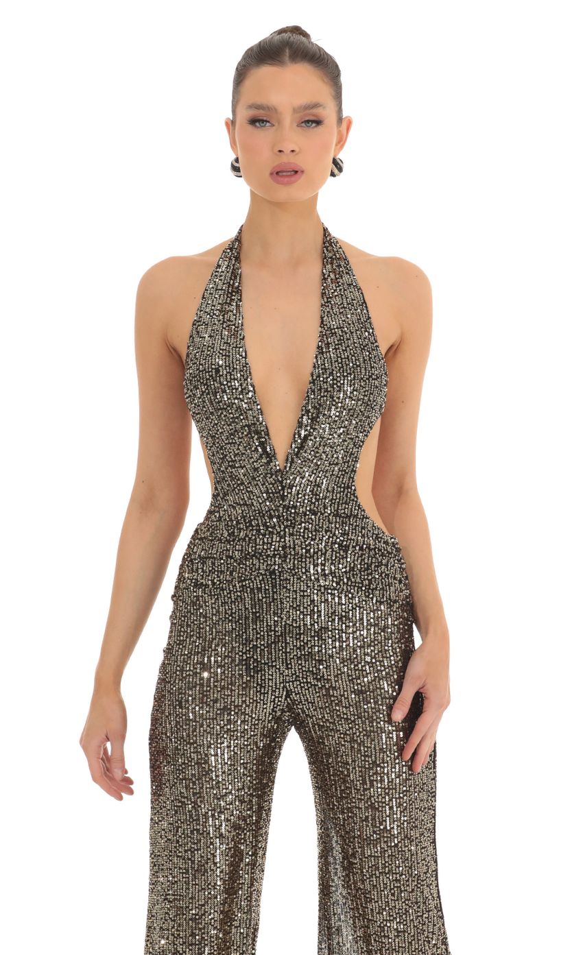 Picture Sequin Plunge Halter Jumpsuit in Gold. Source: https://media-img.lucyinthesky.com/data/Feb23/850xAUTO/001bbfab-e645-489c-b507-3ae15b906649.jpg