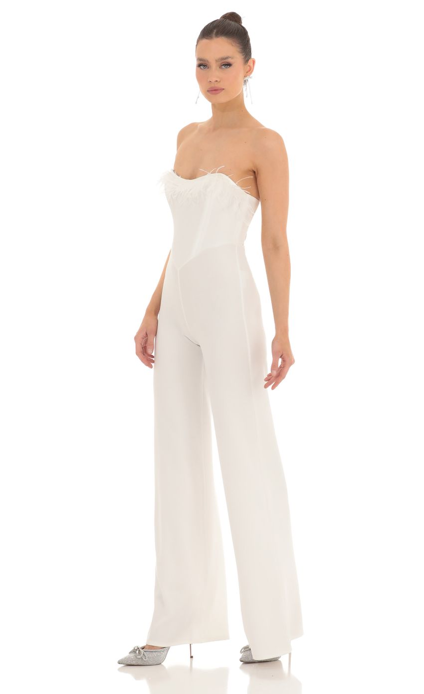 Picture Femi Feather Strapless Corset Jumpsuit in White. Source: https://media-img.lucyinthesky.com/data/Feb23/850xAUTO/048f0936-d37c-4a51-b22f-54f5a5bd8452.jpg