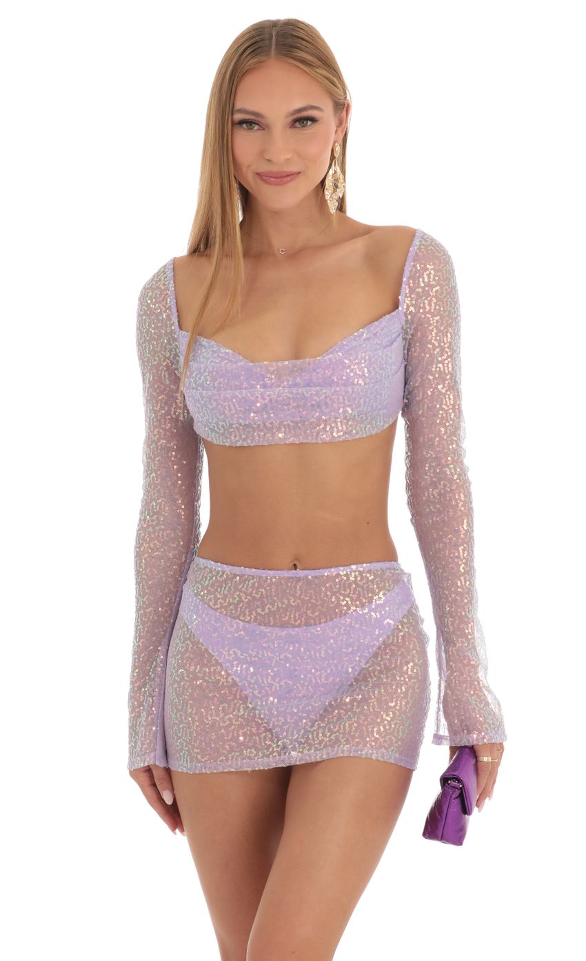 Picture Melinda Sequin Three Piece Skirt Set in Lavender. Source: https://media-img.lucyinthesky.com/data/Feb23/850xAUTO/09d7247c-39b9-46cf-9376-b9b566f78dbc.jpg