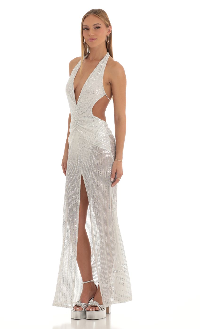 Picture Silver Sequin Halter Maxi Dress in White. Source: https://media-img.lucyinthesky.com/data/Feb23/850xAUTO/0f722453-3920-43b7-b892-4616a0dae70c.jpg