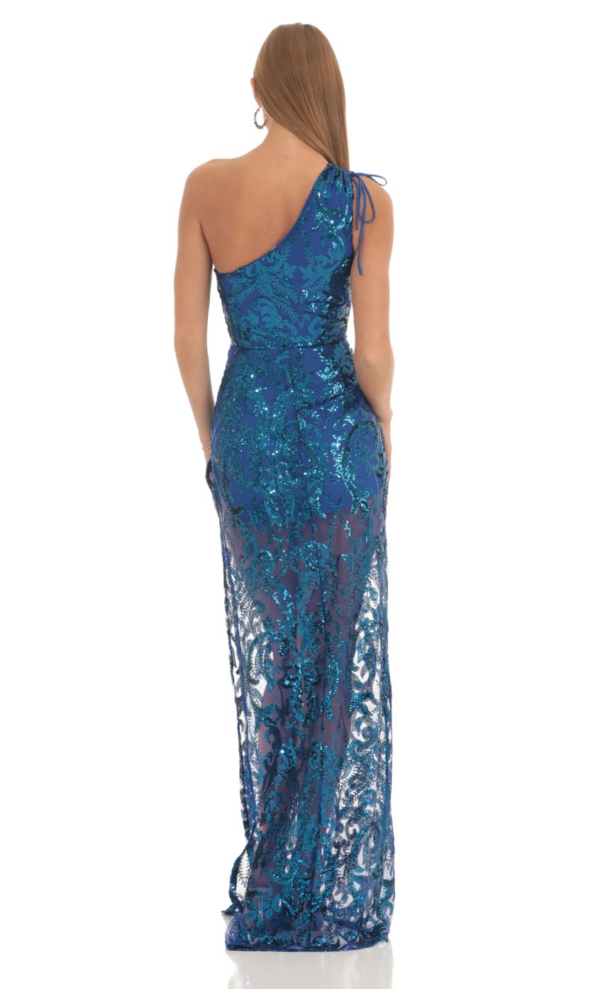 Picture Sequin One Shoulder Maxi Dress in Blue. Source: https://media-img.lucyinthesky.com/data/Feb23/850xAUTO/1142cc90-21ba-42a1-aa9b-71e8d74c82e0.jpg
