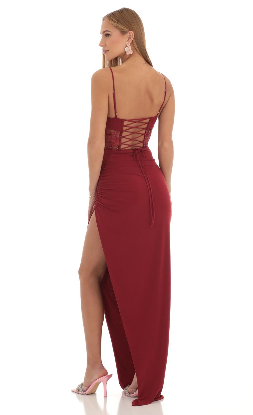 Picture Sequin Mesh Corset Cowl Maxi Dress in Maroon. Source: https://media-img.lucyinthesky.com/data/Feb23/850xAUTO/1b2068af-3454-4d3f-b3c2-436cadd733f7.jpg