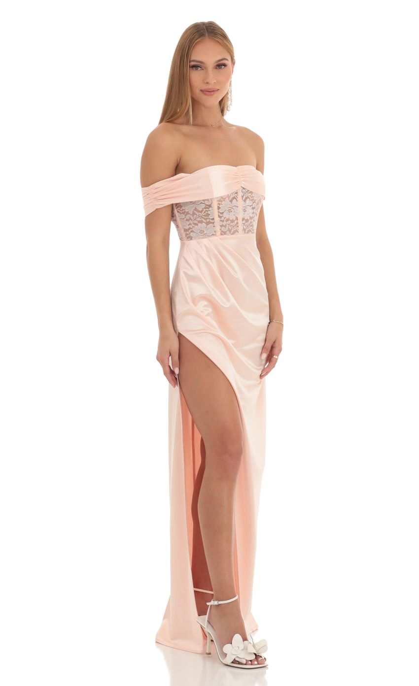 Picture Satin Off Shoulder Lace Corset Dress in Peach. Source: https://media-img.lucyinthesky.com/data/Feb23/850xAUTO/1b791d17-381c-463d-bd88-531f40c094d1.jpg
