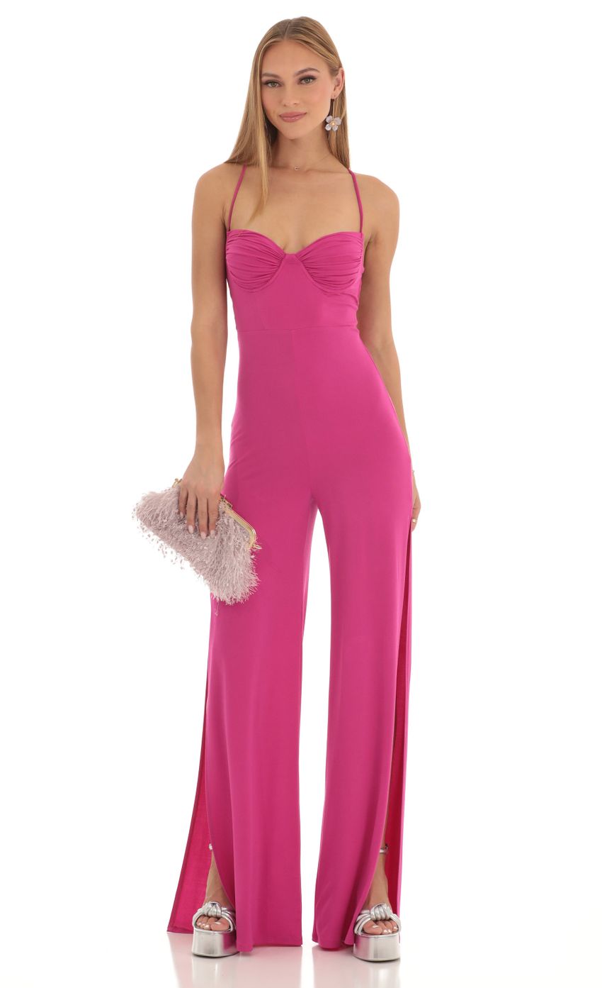 Picture Ruched Sweetheart Bust Slit Jumpsuit in Fuchsia. Source: https://media-img.lucyinthesky.com/data/Feb23/850xAUTO/1f75e39c-2189-4c1b-9db2-fc1a633e4496.jpg