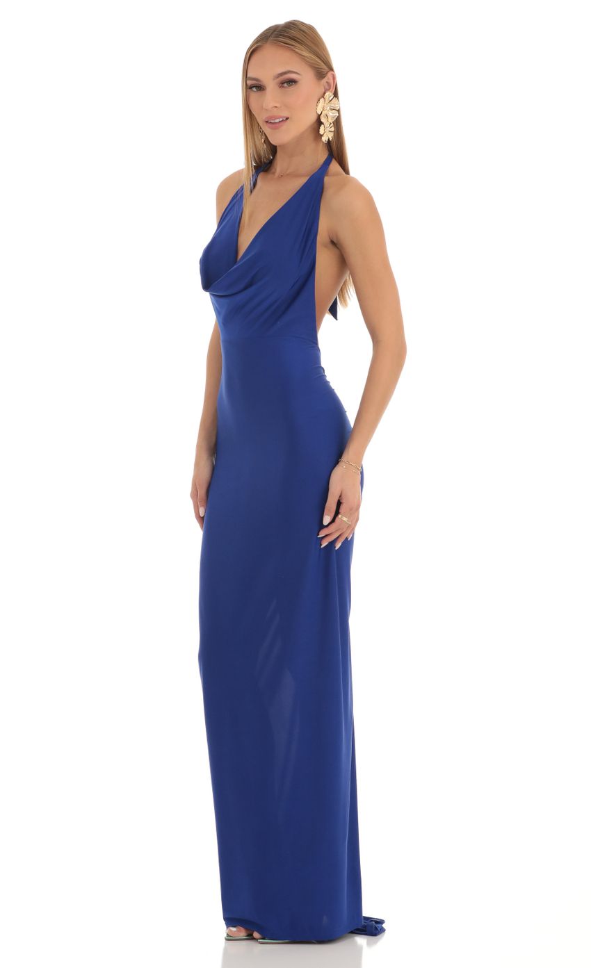 Picture Gathered Back Halter BodyCon Maxi Dress in Royal Blue. Source: https://media-img.lucyinthesky.com/data/Feb23/850xAUTO/2f43eb1d-233a-4fa8-85b7-075cfb8bd7a6.jpg